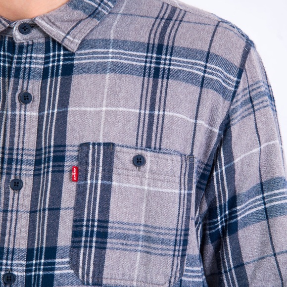 Levi’s size M blue & grey plaid 100% Cotton button up long sleeve flannel shirt - Picture 6 of 16